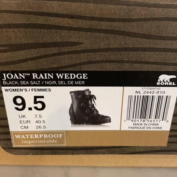 SOREL Joan Rain Wedge Blk Sea Salt 9.5 - Picture 7 of 8